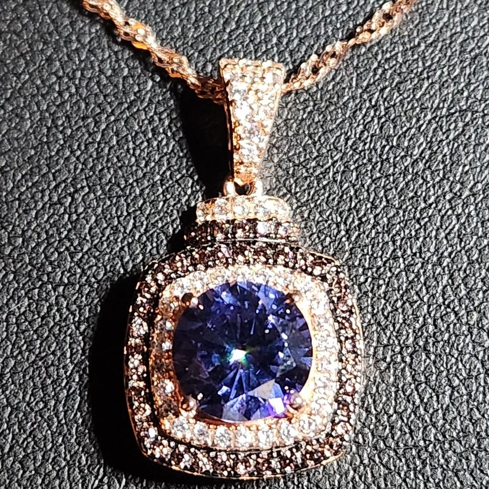 Rose Gold Blue Crystal Halo Pendant Necklace
